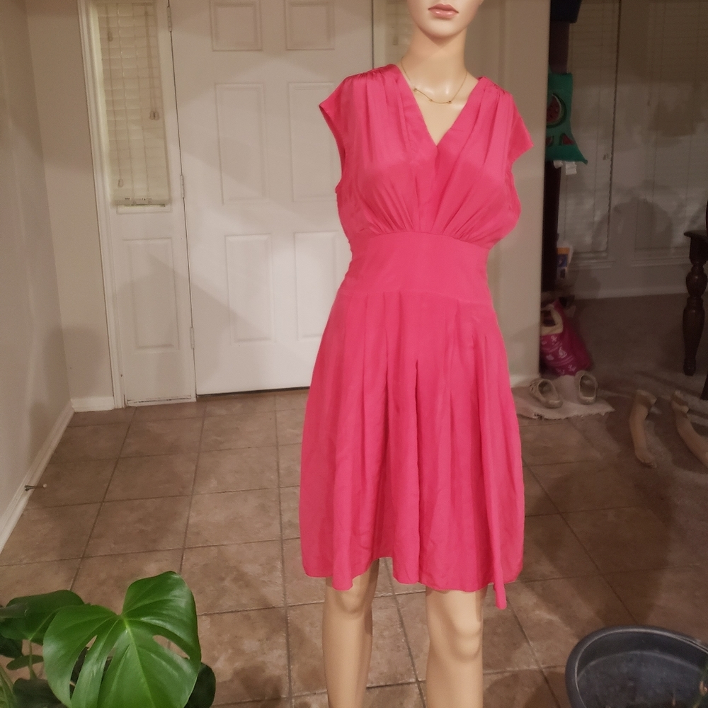 Lie xs silk chiffon midi light pleated skirt darted vneck smock back panel tie